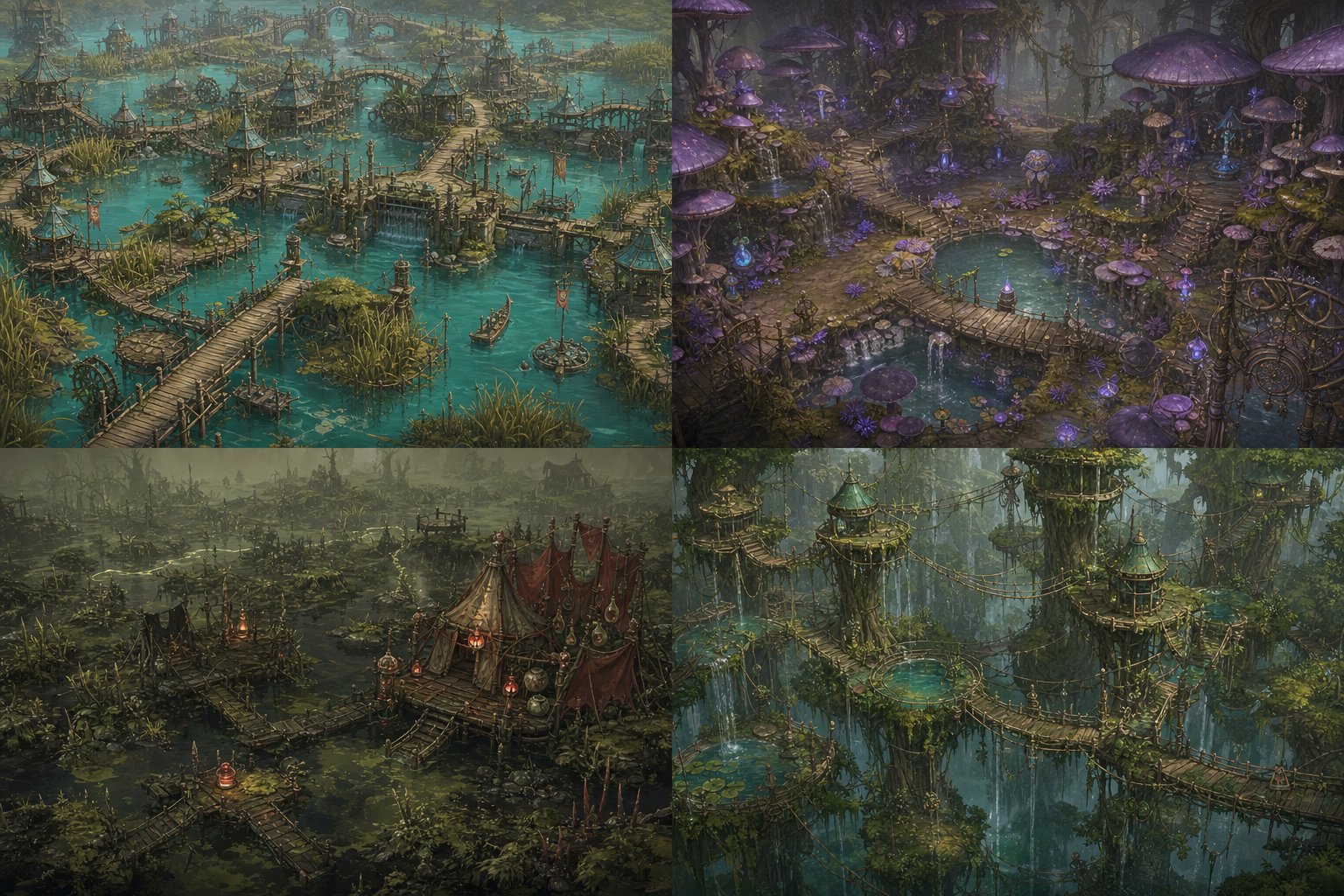 Concepts de regions Amphyria : delta, foret mycelienne, marais noir et canopee.